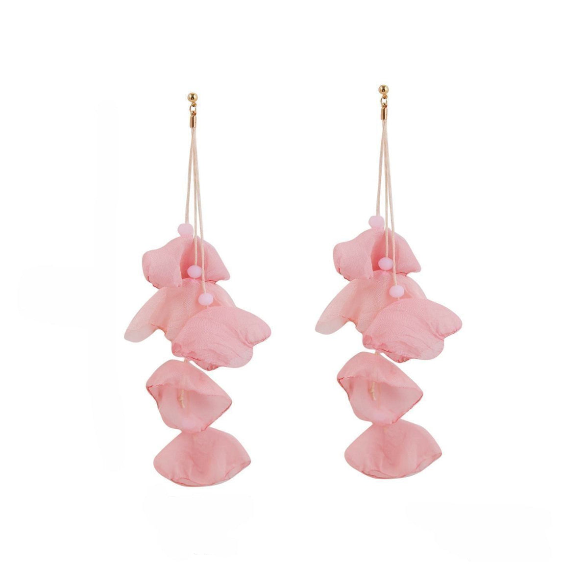 Stylish five-petal pink flower earrings made of polyester, complemented by gold-plated hooks for an elegant finish.