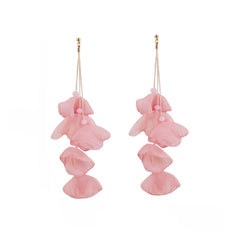 Stylish five-petal pink flower earrings made of polyester, complemented by gold-plated hooks for an elegant finish.
