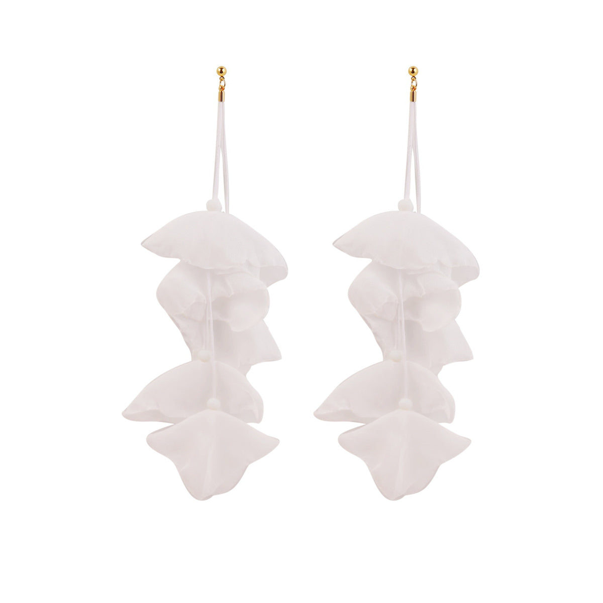 Stunning white flower earrings featuring five petals, crafted from polyester with luxurious 18K gold-plated hooks.