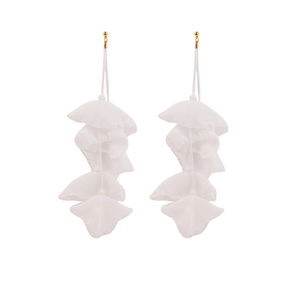 White Polyster and 18K Gold-Plated Five-Petal Drop Earrings, gold drop earrings for women, vintage-inspired design, side view