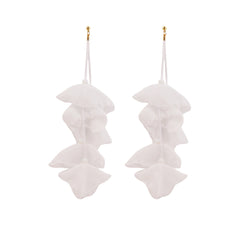 Stunning white flower earrings featuring five petals, crafted from polyester with luxurious 18K gold-plated hooks.