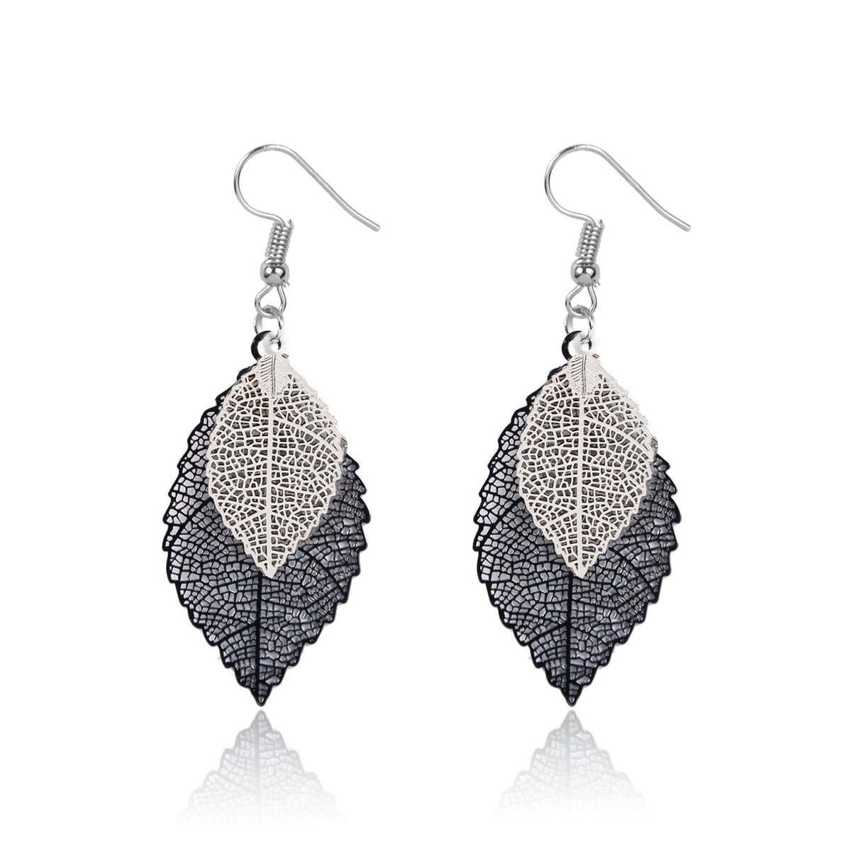 Two-Tone Openwork Leaves Drop Earrings, drop earrings for women, elegant gift for her, front view