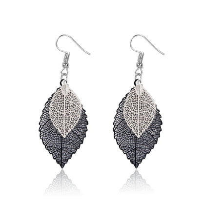 Two-Tone Openwork Leaves Drop Earrings, drop earrings for women, elegant gift for her, front view