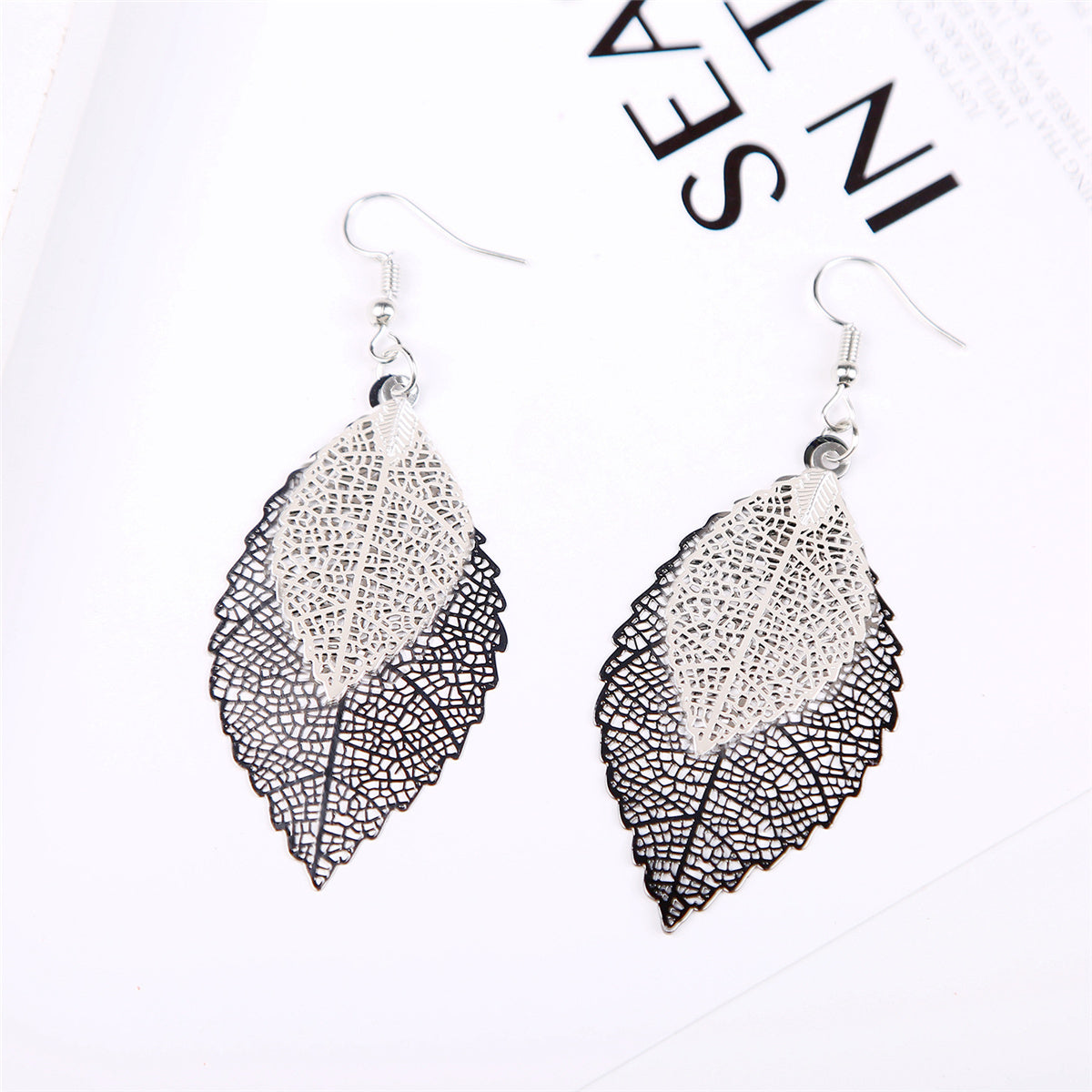 Two-Tone Openwork Leaves Drop Earrings, drop earrings for women, elegant gift for her, side view