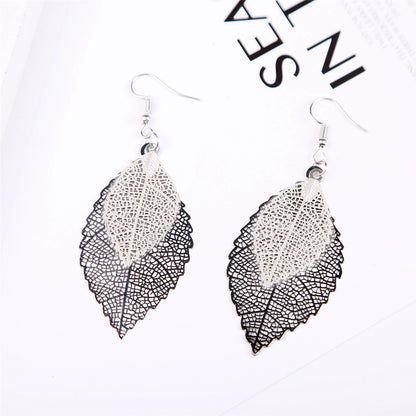 Two-Tone Openwork Leaves Drop Earrings, drop earrings for women, elegant gift for her, side view