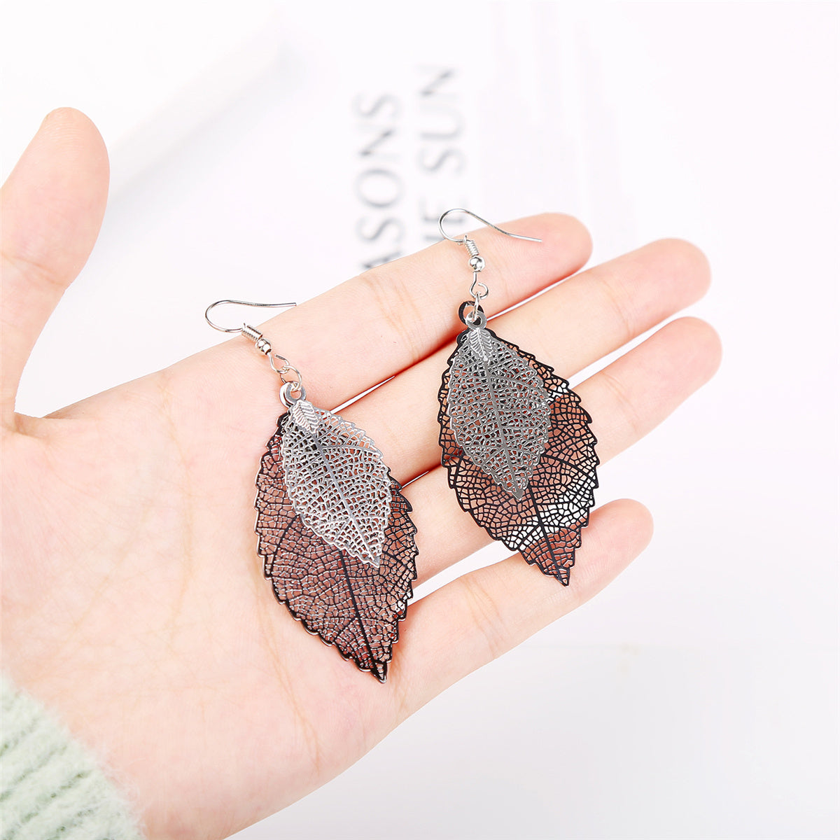 Two-Tone Openwork Leaves Drop Earrings