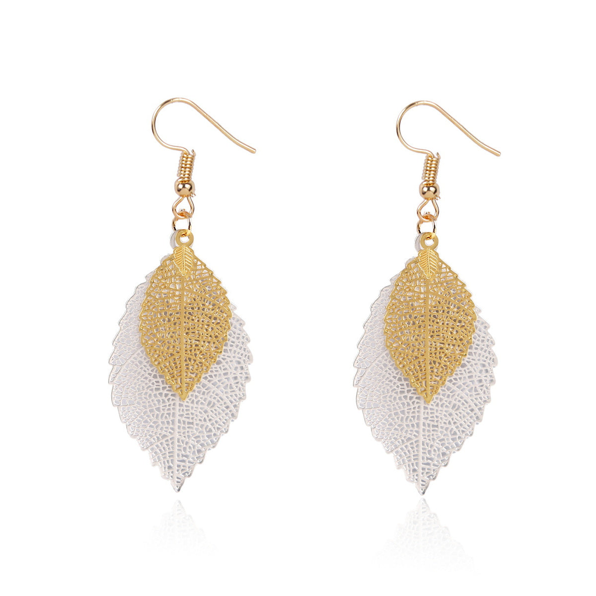 Two-Tone Openwork Leaves Drop Earrings