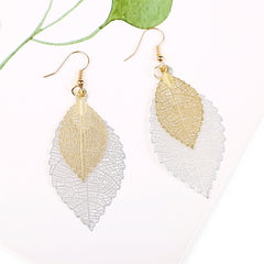 Two-Tone Openwork Leaves Drop Earrings