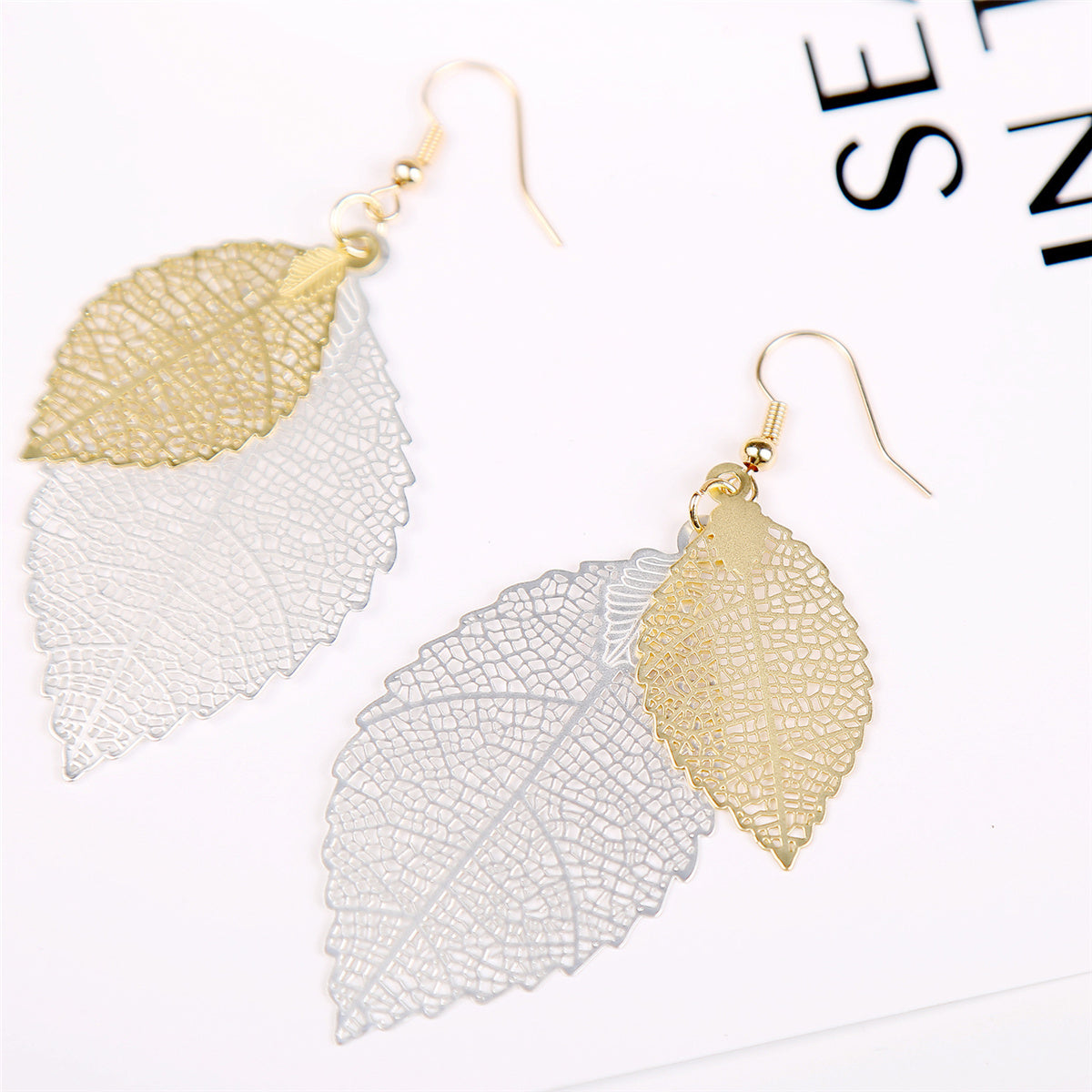 Two-Tone Openwork Leaves Drop Earrings