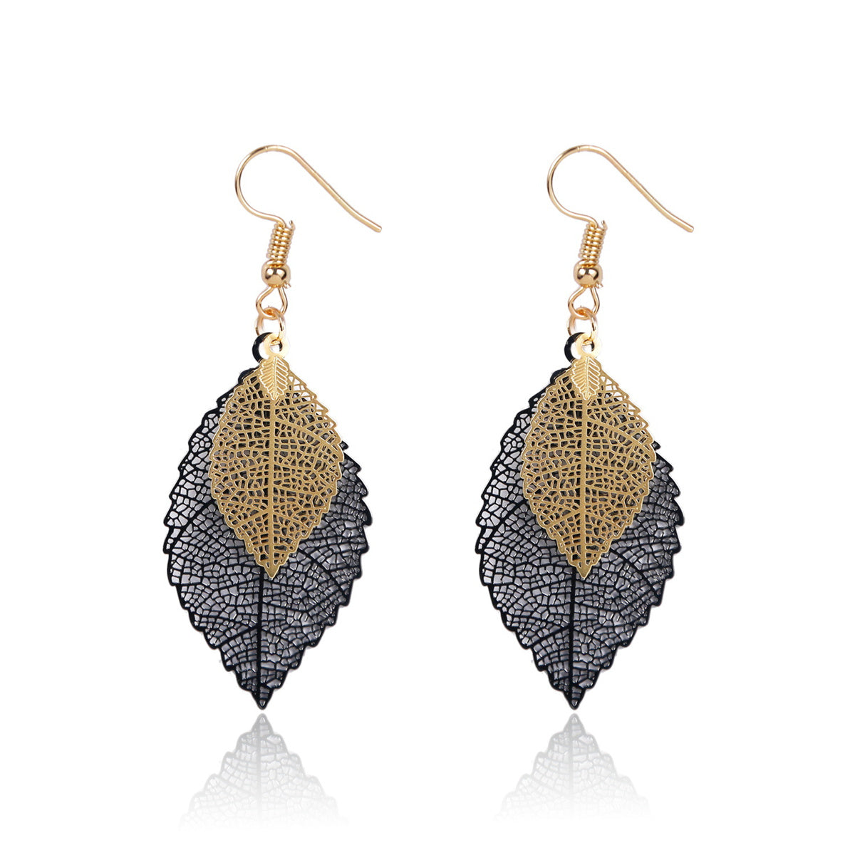 Two-Tone Openwork Leaf Drop Earrings, drop earrings for women, everyday style, front view