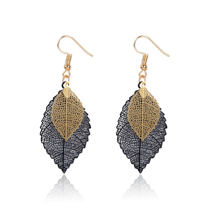 Two-Tone Openwork Leaf Drop Earrings, drop earrings for women, everyday style, front view
