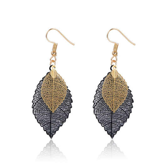 Two-Tone Openwork Leaf Drop Earrings, drop earrings for women, everyday style, front view
