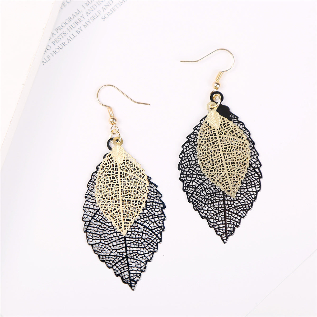 Two-Tone Openwork Leaf Drop Earrings, drop earrings for women, everyday style, side view