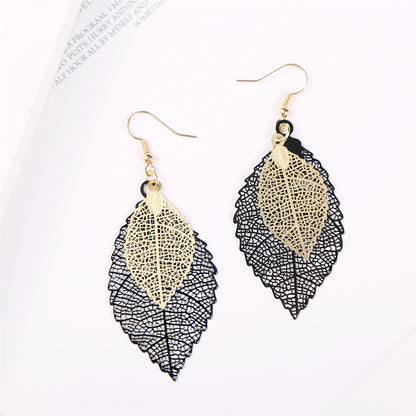 Two-Tone Openwork Leaf Drop Earrings, drop earrings for women, everyday style, side view