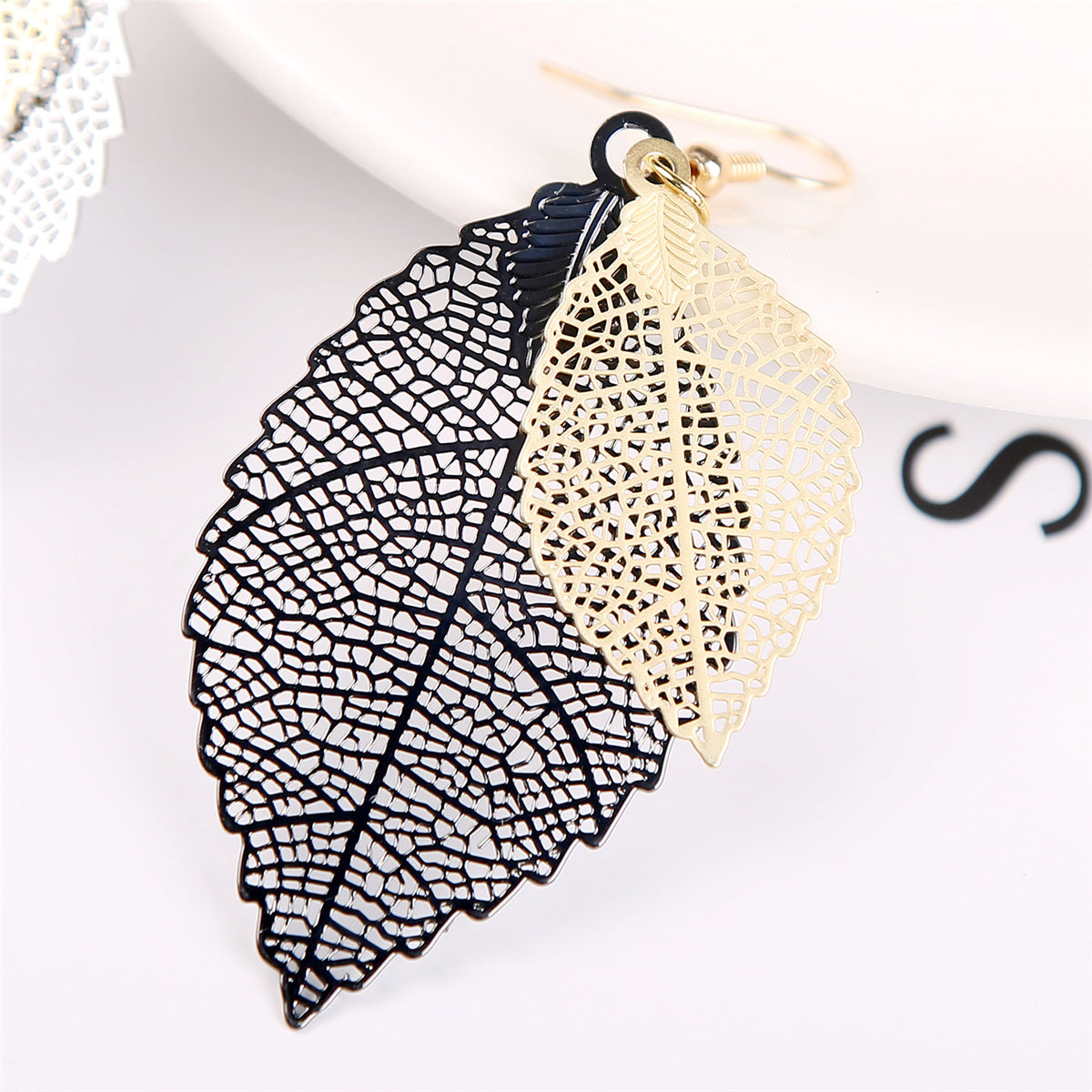 Two-Tone Openwork Leaf Drop Earrings, drop earrings for women, everyday style, detail close-up