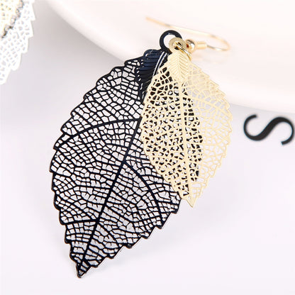 Two-Tone Openwork Leaf Drop Earrings, drop earrings for women, everyday style, detail close-up