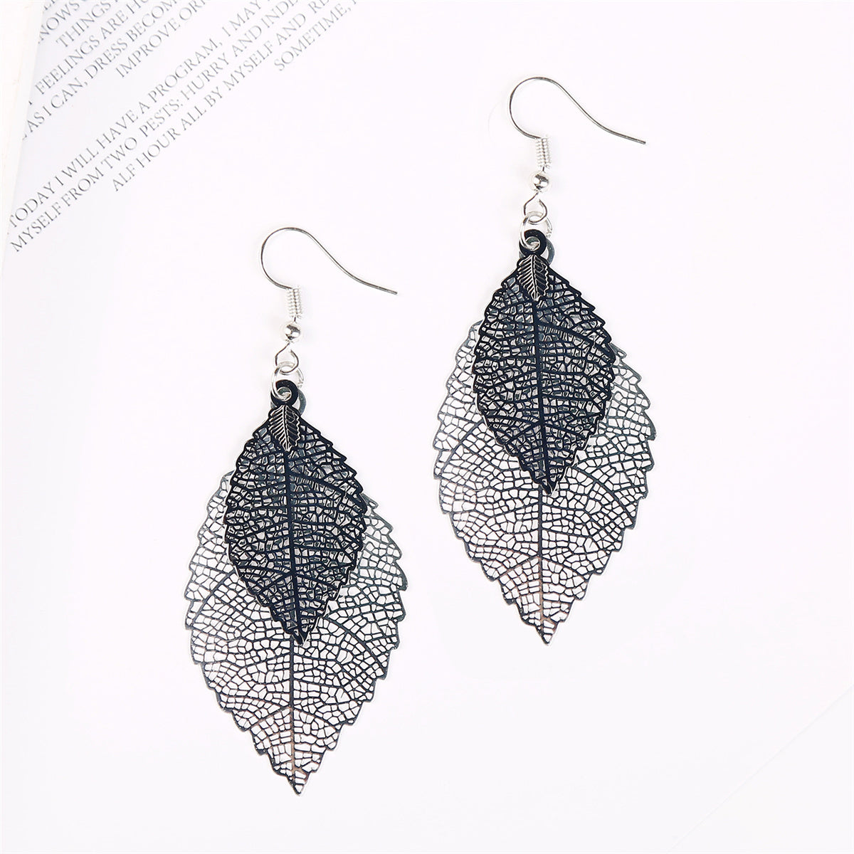 Two-Tone Openwork Leaf Drop Earrings