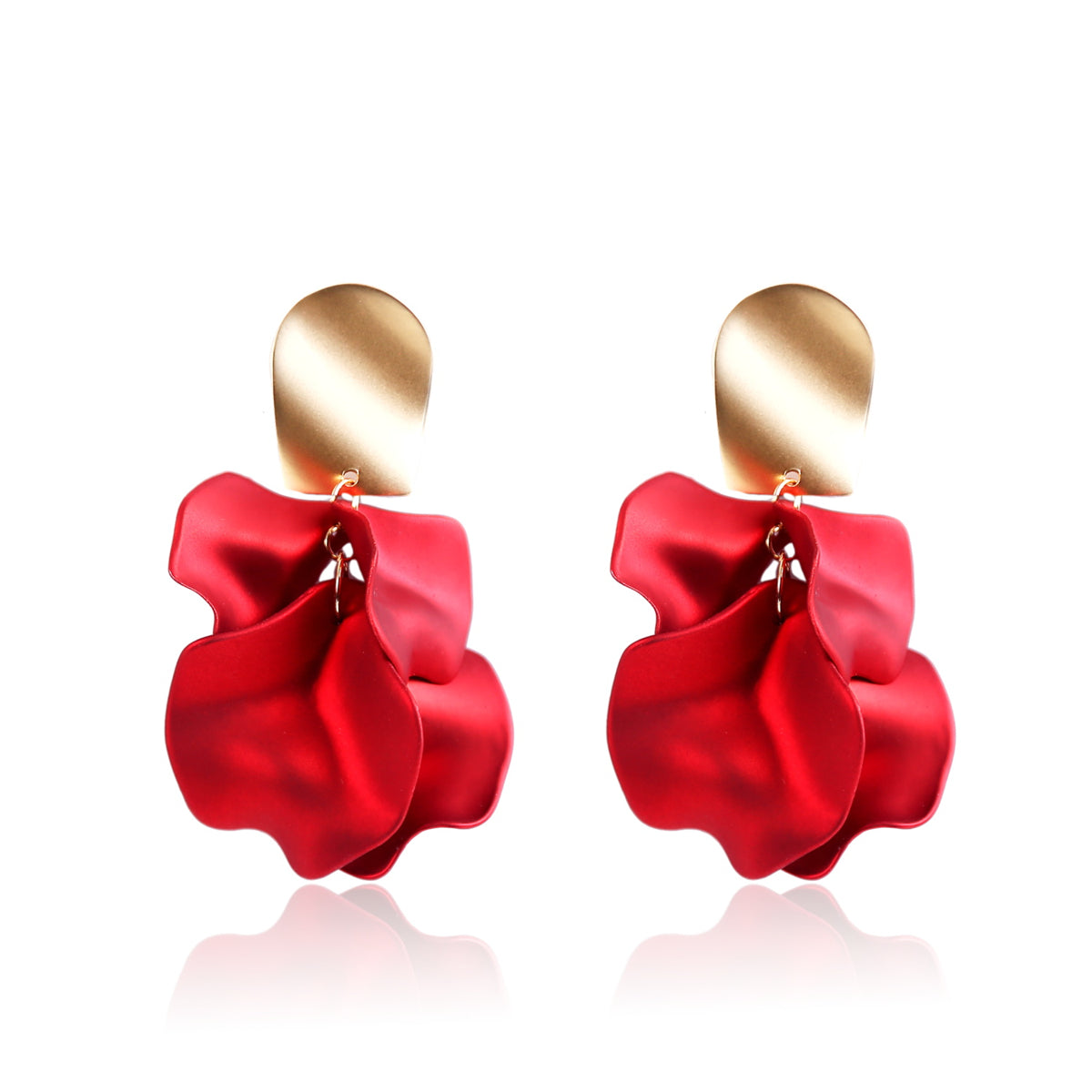 Red acrylic four-petal drop earrings with gold accents, showcasing a vibrant floral design and elegant craftsmanship.
