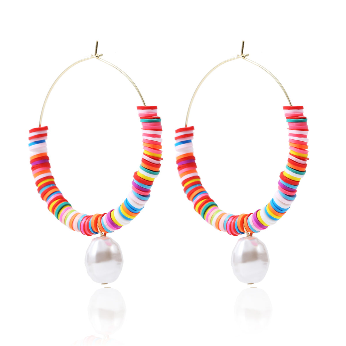Red Multicolor Polymer Clay & Pearl Beaded Hoop Earrings