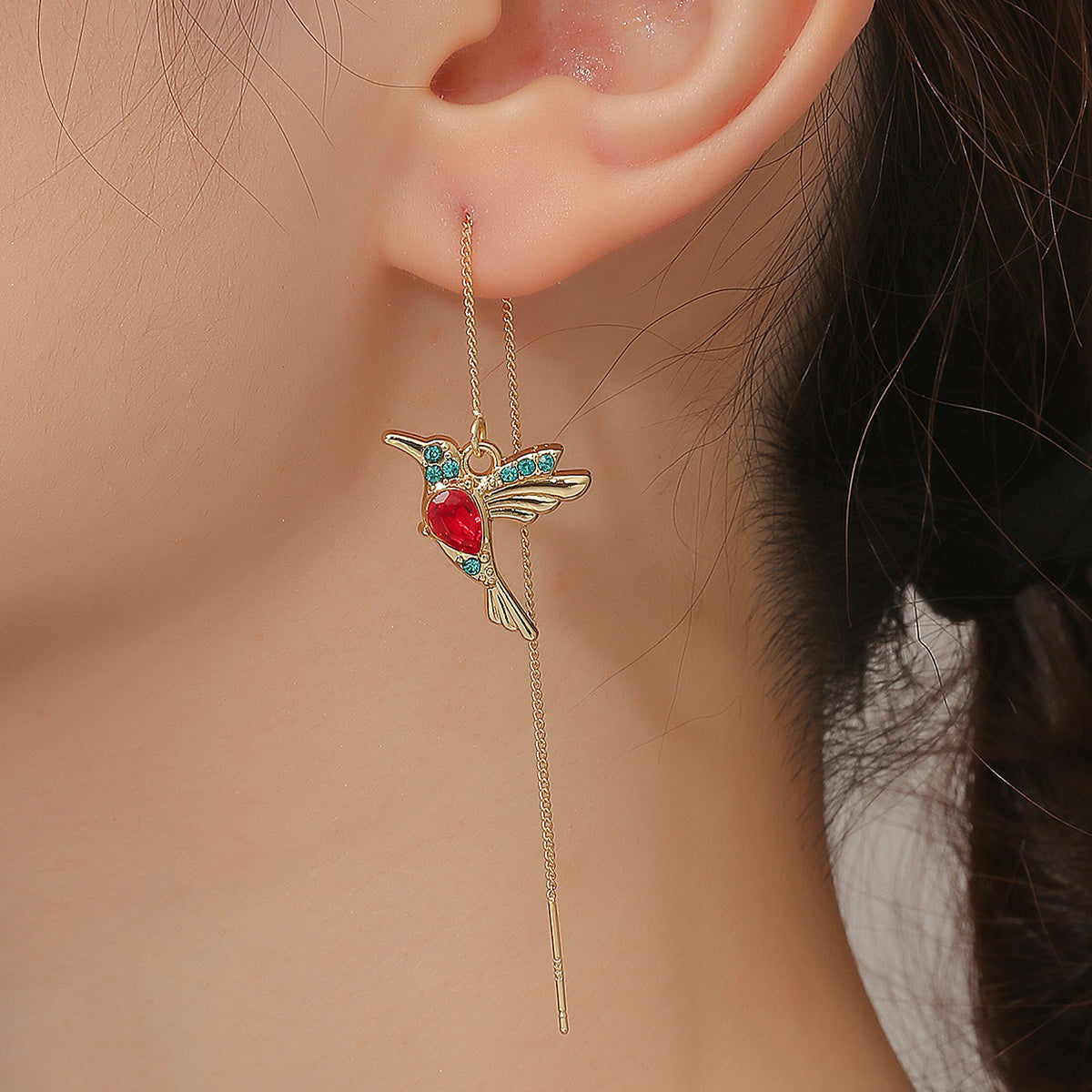 Red Crystal & Cubic Zirconia Bird Threader Earrings