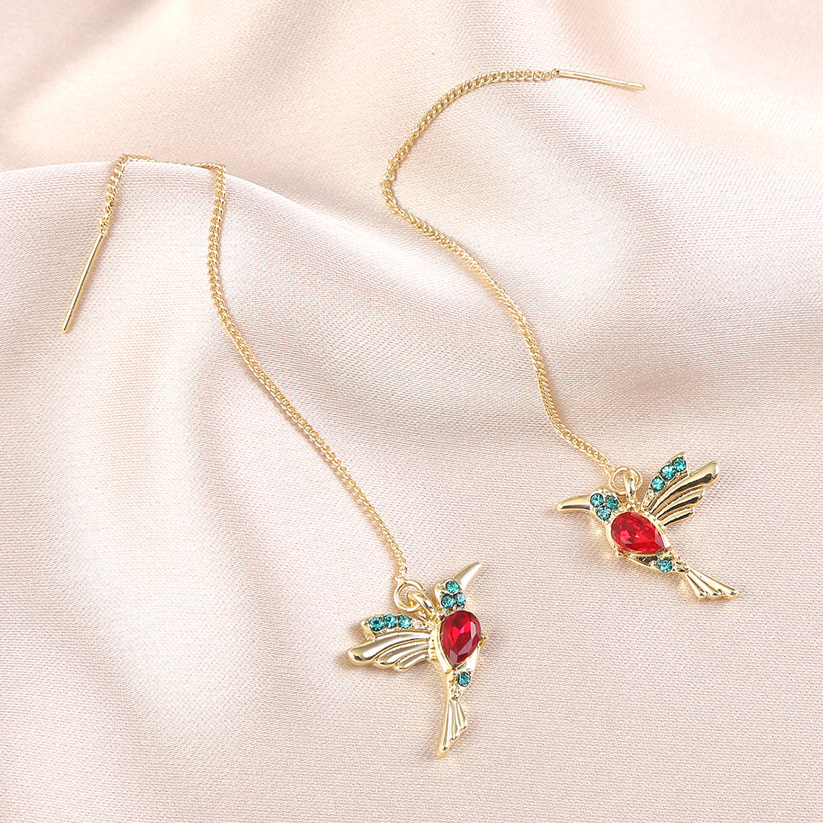 Red Crystal & Cubic Zirconia Bird Threader Earrings