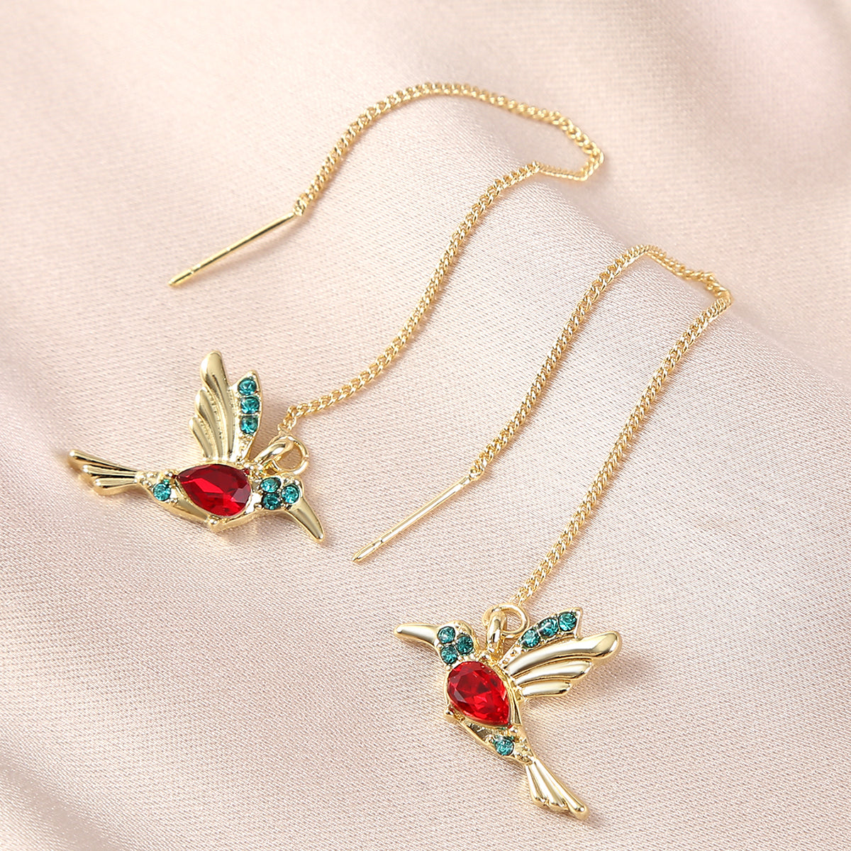 Red Crystal & Cubic Zirconia Bird Threader Earrings