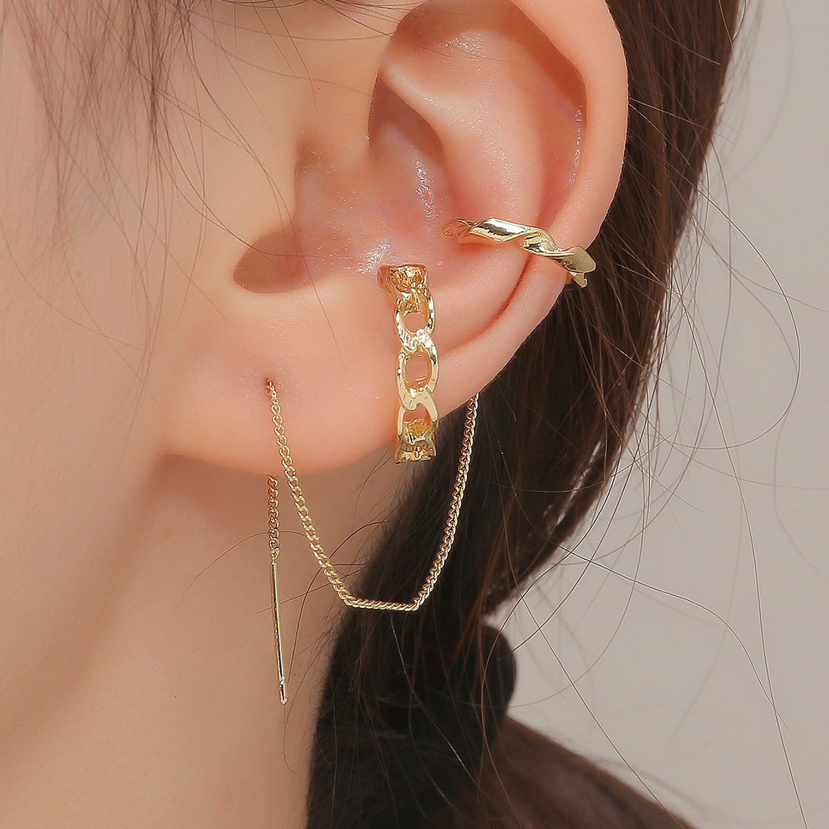 18K Gold-Plated Ear Cuff and Threader Set, gold stud earrings for women, botanical inspired, front view
