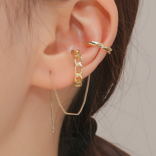 18K Gold-Plated Ear Cuff and Threader Set, gold stud earrings for women, botanical inspired, front view