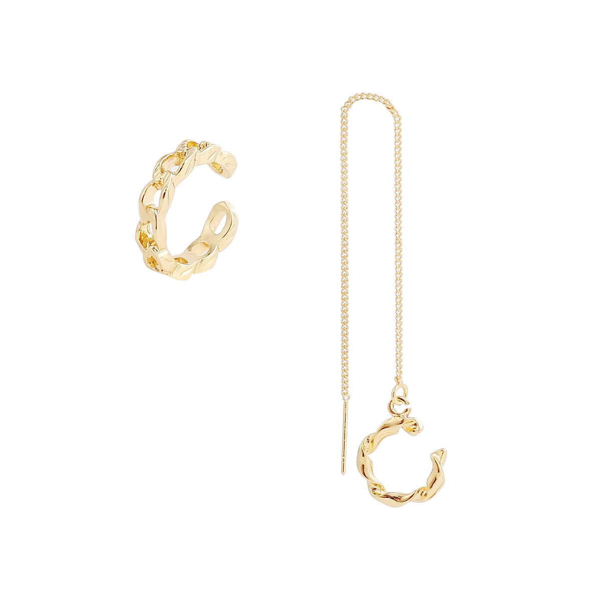 18K Gold-Plated Ear Cuff and Threader Set, gold stud earrings for women, botanical inspired, side view