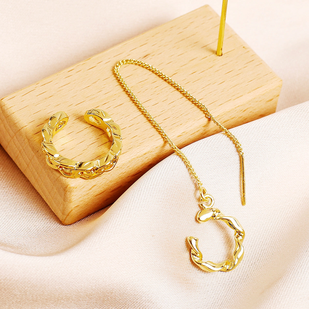 18K Gold-Plated Ear Cuff and Threader Set, gold stud earrings for women, botanical inspired, detail close-up