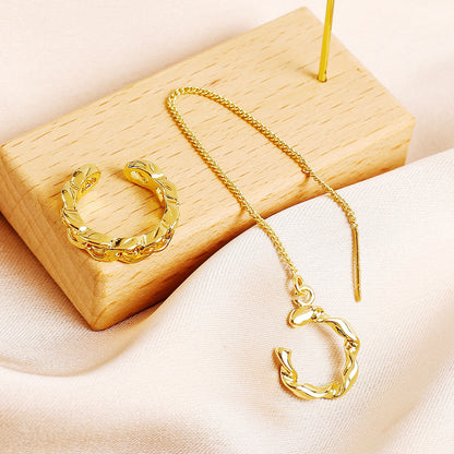 18K Gold-Plated Ear Cuff and Threader Set, gold stud earrings for women, botanical inspired, detail close-up