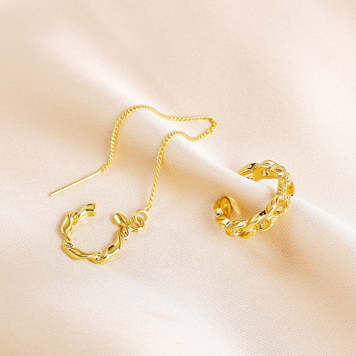 18K Gold-Plated Ear Cuff and Threader Set, gold stud earrings for women, botanical inspired, lifestyle look