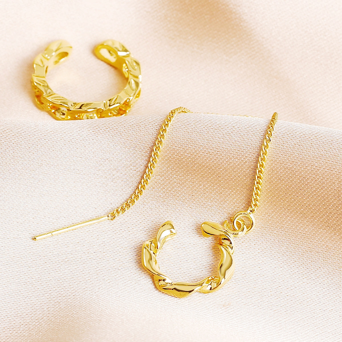 18K Gold-Plated Ear Cuff and Threader Set, gold stud earrings for women, botanical inspired, styled look