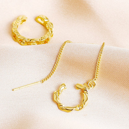 18K Gold-Plated Ear Cuff and Threader Set, gold stud earrings for women, botanical inspired, styled look
