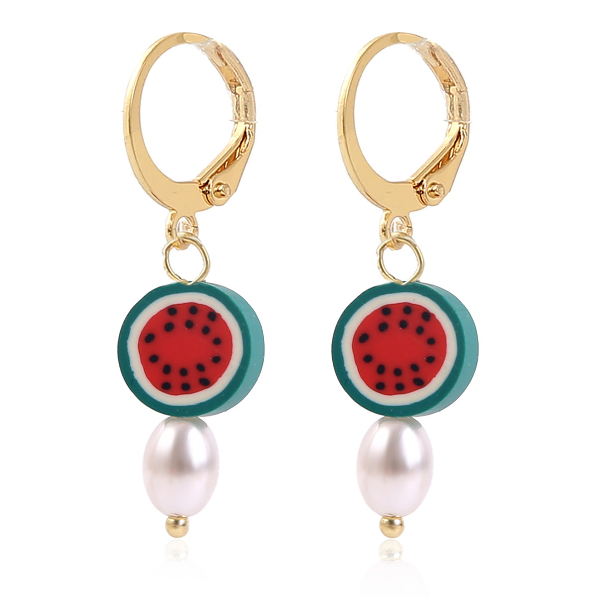 Pearl & Polymer Clay 18K Gold-Plated Watermelon Huggie Earrings