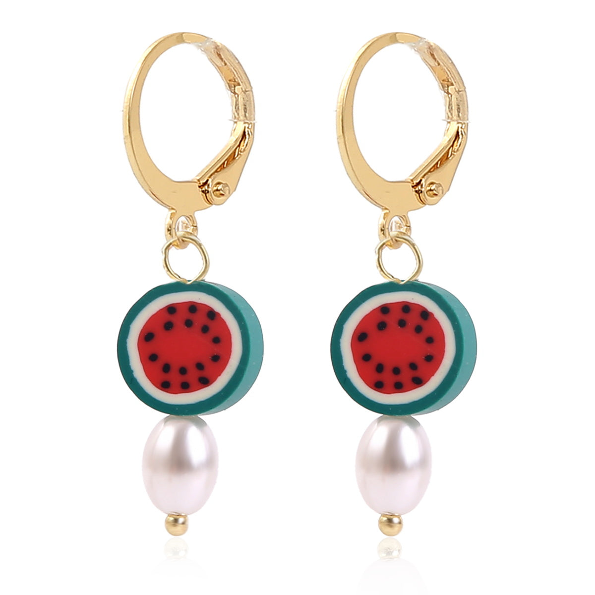 Charming watermelon pearl drop earrings, designed with polymer clay and 18K gold plating, perfect for a stylish look.