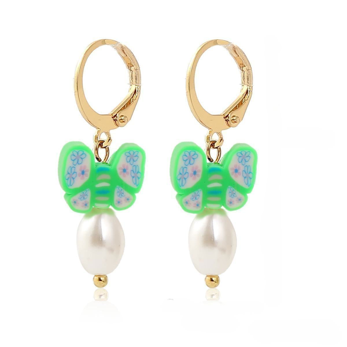 Pearl & Polymer Clay 18K Gold-Plated Butterfly Huggie Earrings