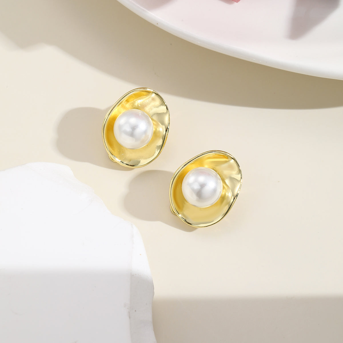 Pearl & 18K Gold-Plated Lotus Huggie Earrings