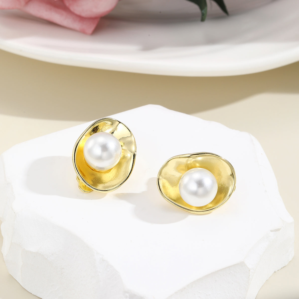 Pearl & 18K Gold-Plated Lotus Huggie Earrings