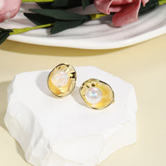 Iridescent Pearl & 18K Gold-Plated Lotus Huggie Earrings