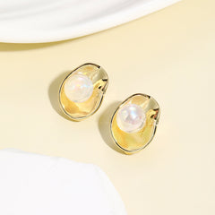 Iridescent Pearl & 18K Gold-Plated Lotus Huggie Earrings