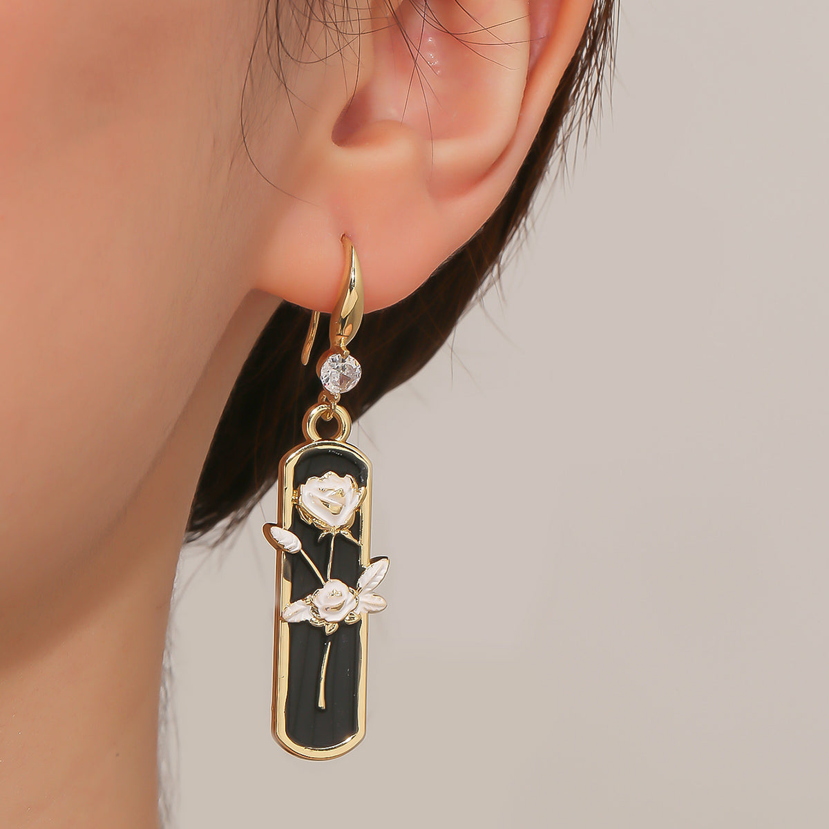 White Enamel & Cubic Zirconia 18K Gold-Plated Floral Bar Drop Earrings