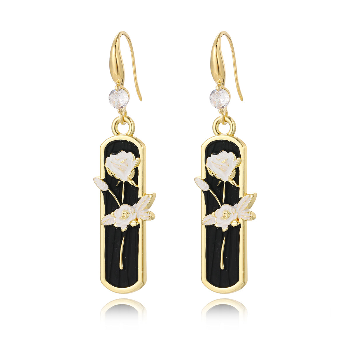 White Enamel & Cubic Zirconia 18K Gold-Plated Floral Bar Drop Earrings