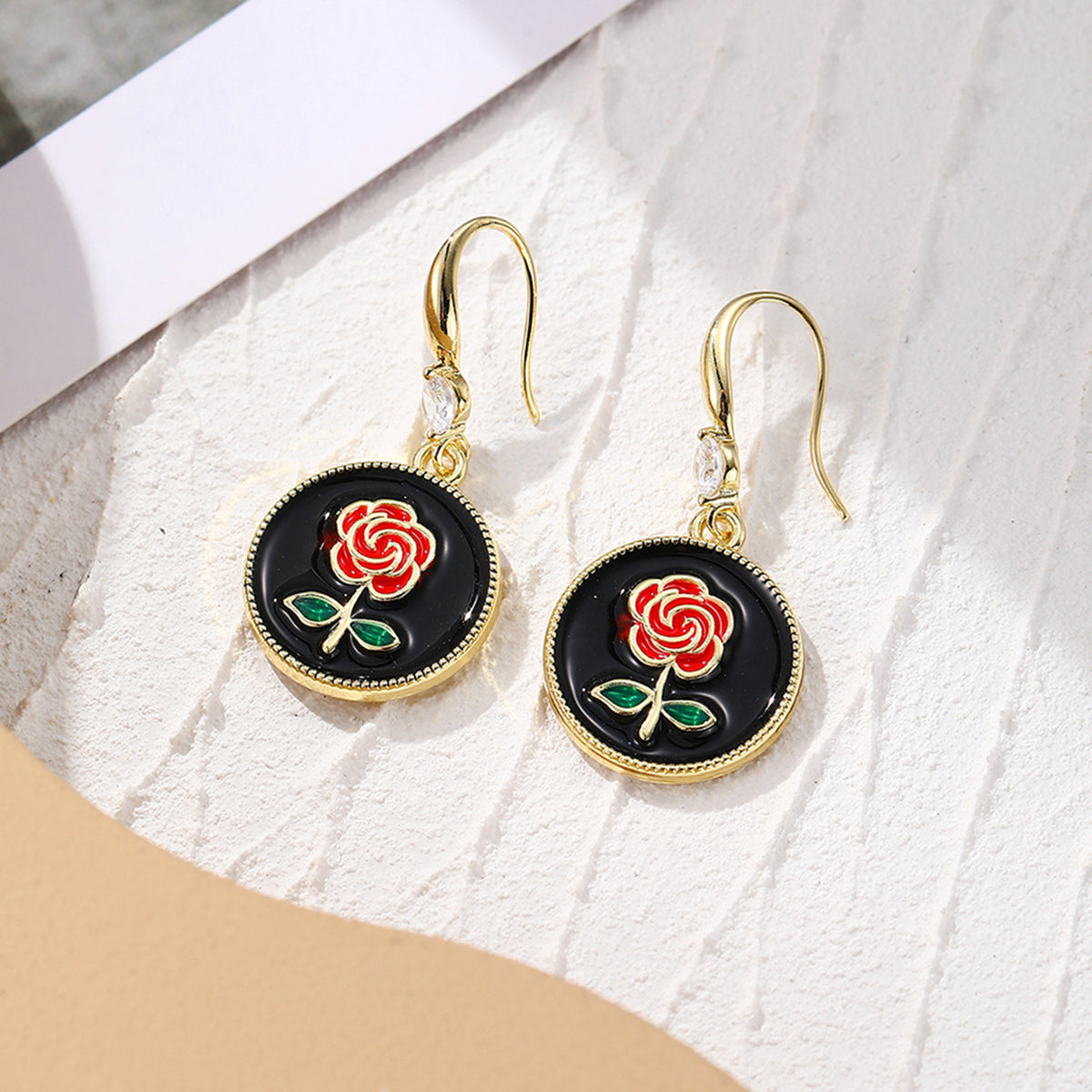 Red Enamel & Cubic Zirconia 18K Gold-Plated Floral Round Drop Earrings