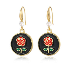 Red Enamel & Cubic Zirconia 18K Gold-Plated Floral Round Drop Earrings