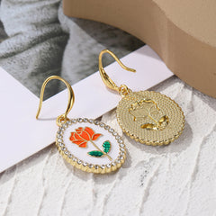 Orange Enamel & Cubic Zirconia 18K Gold-Plated Flower Oval Drop Earrings