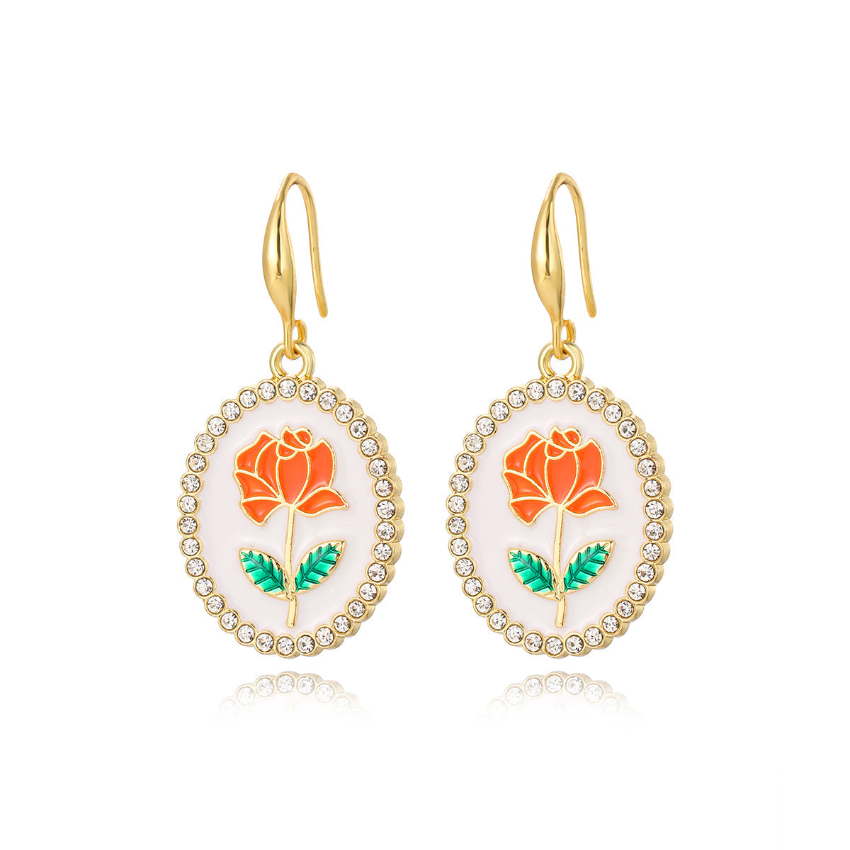 Orange Enamel & Cubic Zirconia 18K Gold-Plated Flower Oval Drop Earrings