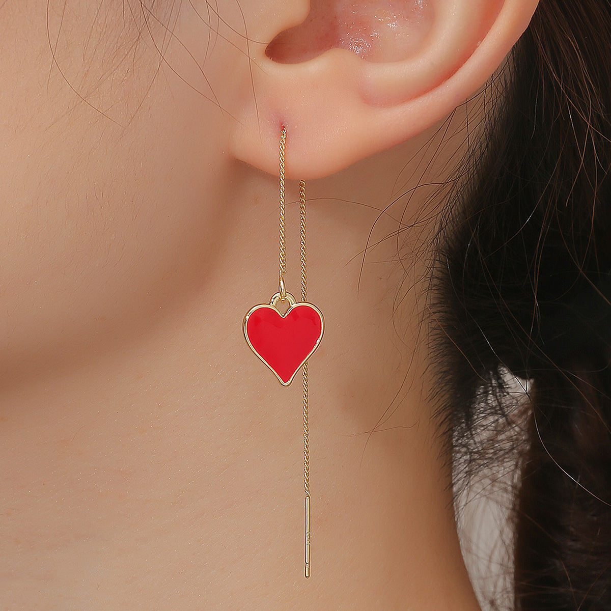 Red Enamel & 18K Gold-Plated Heart Threader Earrings