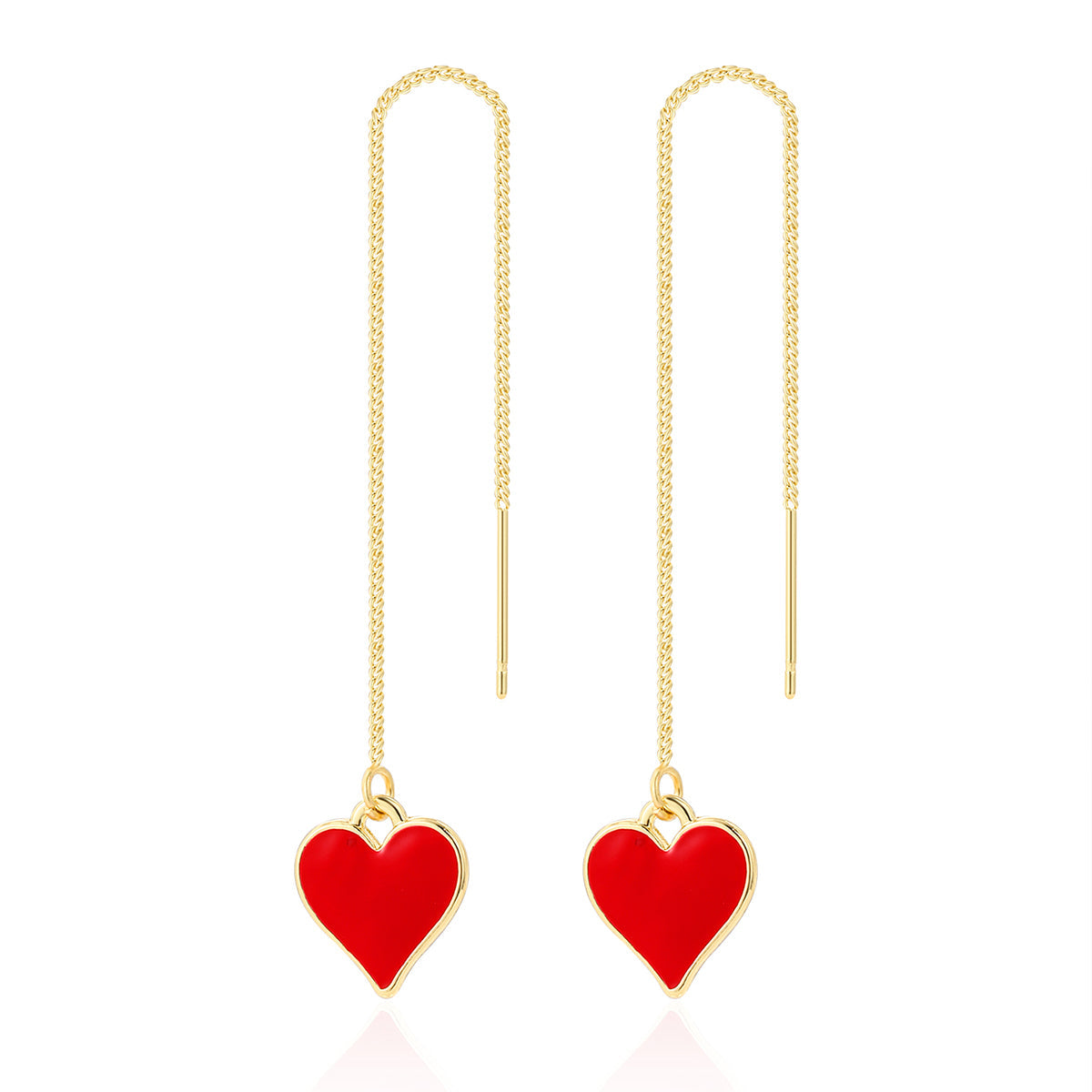 Red Enamel & 18K Gold-Plated Heart Threader Earrings