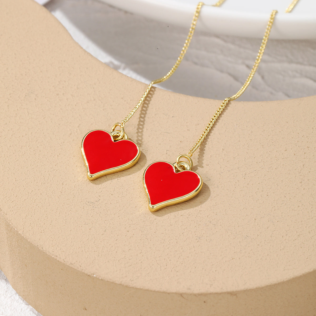 Red Enamel & 18K Gold-Plated Heart Threader Earrings